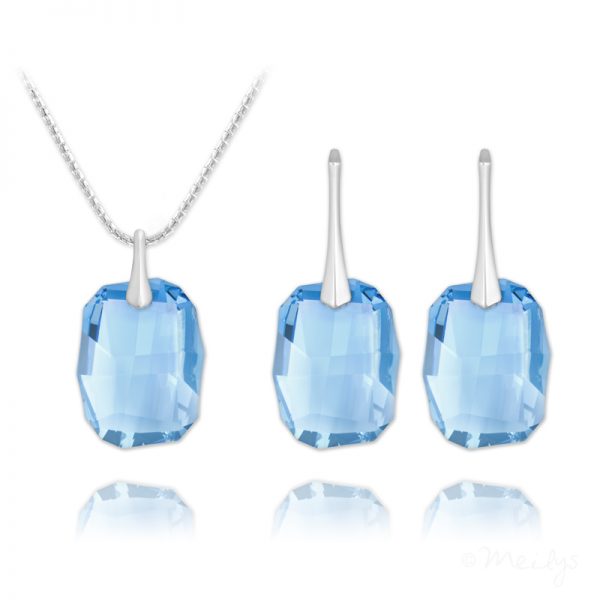 Graphic Silver Jewelry Set with Swarovski Crystal Aquamarine